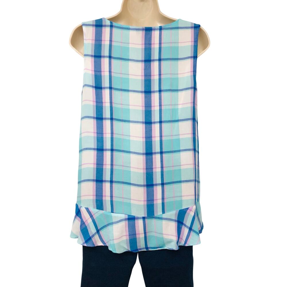 a.n.a. Blue White Pink Plaid Sleeveless Top Ruffled Trim Hem - Picture 7 of 16